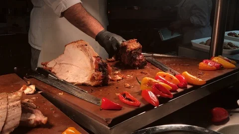 Chef Cutting Beef And Pork For Customer IMG 9875 Stock Footage 90358453