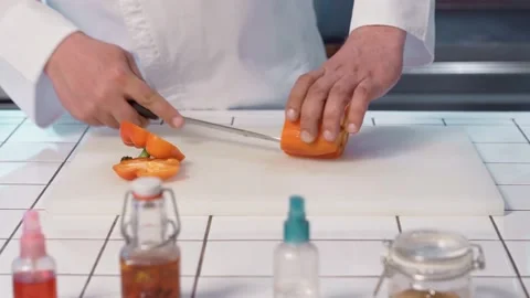 The chef cutting bell pepper. Stock Footage 154455128