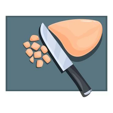 Chef cutting chicken breast into cubes on cutting board with knife Stock Illustration