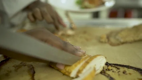 Chef cutting cooked chicken in Slow motion Stock-Footage 74885559