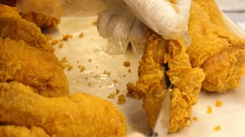 Chef Cutting Crispy Golden Korean Fried Chicken Drumstick Close Up Video stock 343026856
