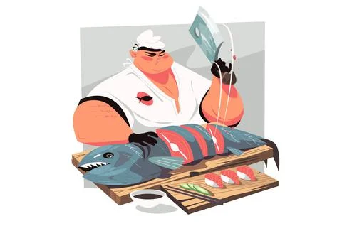 Chef cutting fish and making sushi Stock Illustration