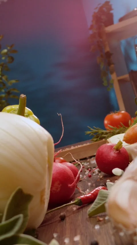 Chef cutting fresh green zucchini on wooden board with assortment of organi.. Stock Footage 337604047