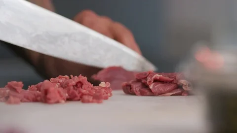 Chef cutting fresh meat raw lunch condiment preparation beef board cooking food Stock Footage 103289356