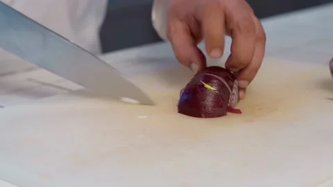The chef cutting onion using. Stock Footage 154493147