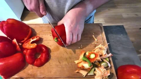 Chef cutting red bell pepper and removing seeds 動画素材 342985719
