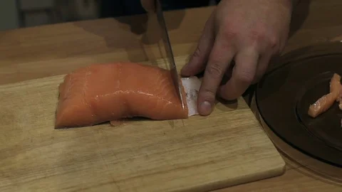 Chef cutting the salmon, cut the salmon, cutting fish by knife, Appetizing Video stock 69787456