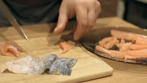Chef cutting the salmon, cut the salmon, cutting fish by knife, Appetizing Video stock 69787538