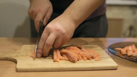 Chef cutting the salmon, cut the salmon, cutting fish by knife, Appetizing Video stock 69787555