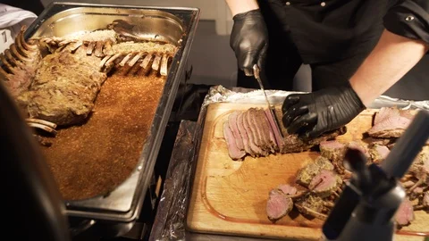 Chef  Cutting Steak at Catering Video stock 102280256