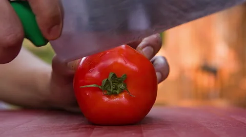 Chef cutting tomato slice 스톡 동영상 68982861