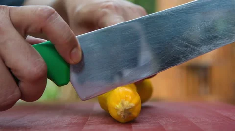 Chef cutting yellow zucchini slice 스톡 동영상 68983016