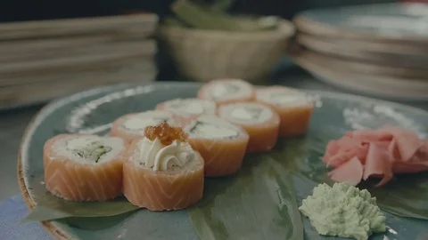 Chef decorates rolls with eggs and cheese Stock Footage 71129716