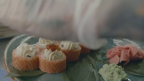 Chef decorates rolls with eggs and cheese 스톡 동영상 71130774