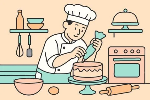 Chef decorating a cake with a piping bag in a kitchen Stock Illustration