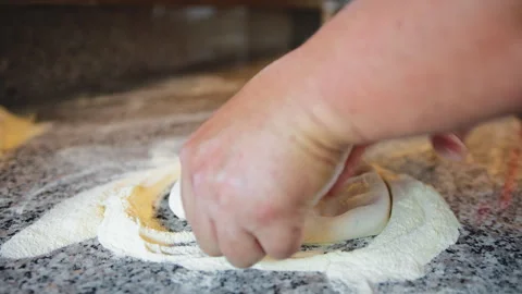 Chef Defining The Shape Of The Raw Pizza Dough Stock Footage 283474406