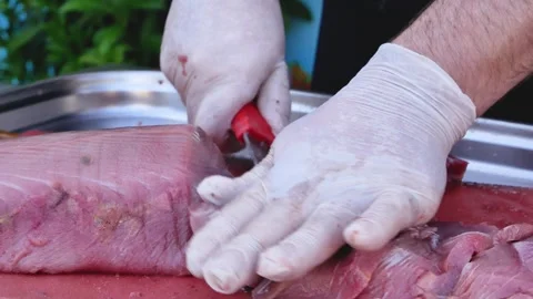 The chef deftly cuts the fish fillet into small portions with a knife. Stock Footage 348268397