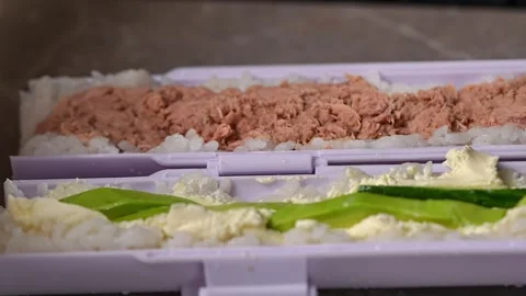The chef deftly wraps a sushi roll in a sheet of seaweed Vidéo 289613201