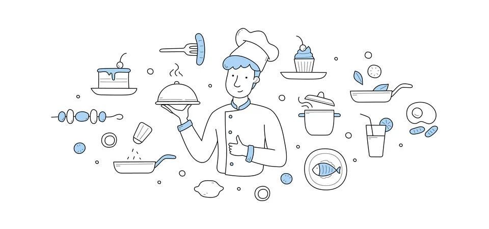 Chef with dish under cloche lid, doodle concept Stock Illustration