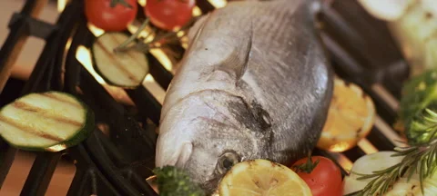Chef dropping raw fish on grill Stock Footage 311833674