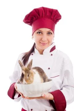 Chef with dwarf rabbit inside a bowl Stock Photos