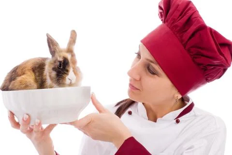 Chef with dwarf rabbit inside a bowl Stock Photos
