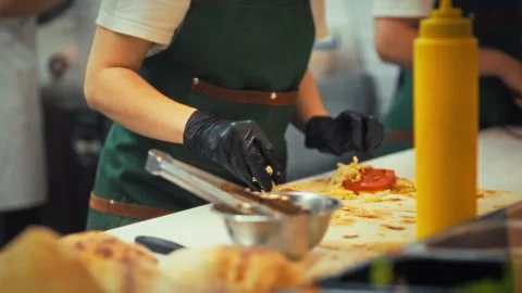 A chef expertly assembles shawarma folding seasoned chicken and beef into a Stock Footage 331310961