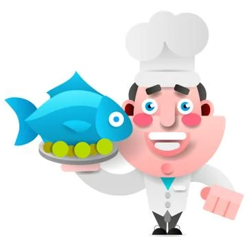 Chef With Fish On A Tray. Vector On White Background For Your Design. Stock Illustration