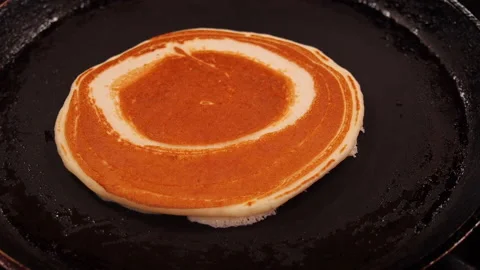 Chef flips a spatula of pancakes in a frying pan. Stock Footage 140291396