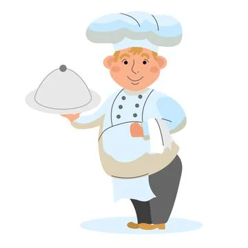 The chef is a full-length chef with a dish in his hand on a white isoliral Stock Illustration