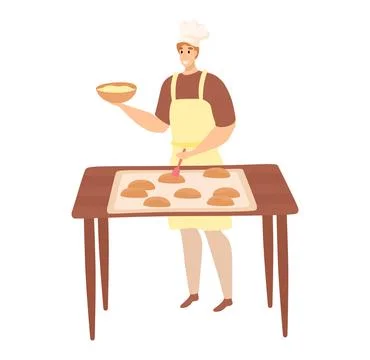Chef glazing pastries on baking sheet in kitchen. Male baker with apron and chef Illustrazione stock