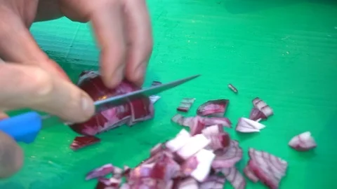 Chef In Gloves Cut Slices Of Red Salad Onion Stock Footage 105887205