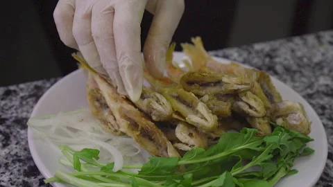 Chef in gloves plating crispy fried fish with fresh arugula and onions Stock-Footage 330911723
