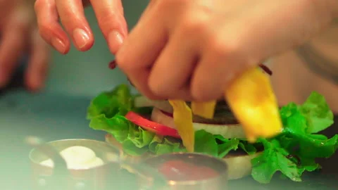 Chef granish Hamburger big bacon Stock-Footage 156451003
