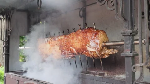 Chef grilling lamb ribs on flame. Lamb roasted in the oven. Some meat skewers Video stock 196005964