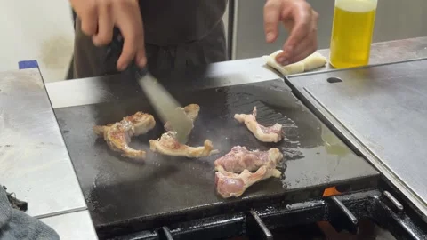Chef grilling meat and fish fillets on a hot commercial flat top grill Vídeos de archivo 344100246