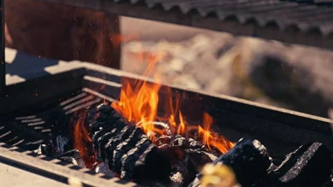 Chef Grilling Meat Seafood Vegetables Outdoor Mountains River Scenic Cinematic Vidéo 280701686
