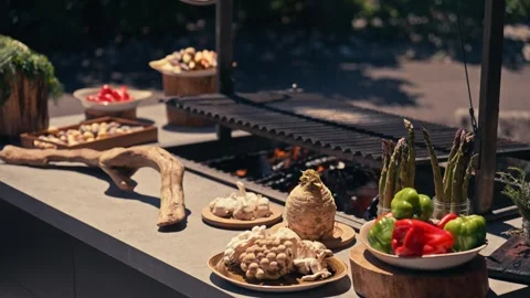 Chef Grilling Meat Seafood Vegetables Outdoor Mountains River Scenic Cinematic Vídeo Stock 280701697
