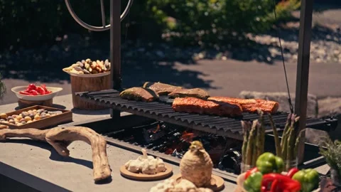 Chef Grilling Meat Seafood Vegetables Outdoor Mountains River Scenic Cinematic 스톡 동영상 280701704
