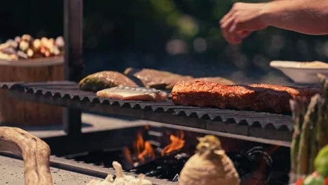 Chef Grilling Meat Seafood Vegetables Outdoor Mountains River Scenic Cinematic Видео 280701705