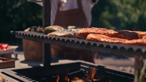 Chef Grilling Meat Seafood Vegetables Outdoor Mountains River Scenic Cinematic Stock Footage 280701715