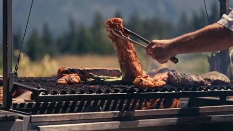 Chef Grilling Meat Seafood Vegetables Outdoor Mountains River Scenic Cinematic Stock Footage 280701717
