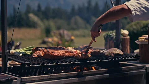 Chef Grilling Meat Seafood Vegetables Outdoor Mountains River Scenic Cinematic Video stock 280701723
