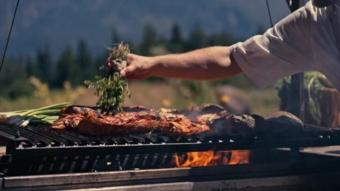 Chef Grilling Meat Seafood Vegetables Outdoor Mountains River Scenic Cinematic Video stock 280701724