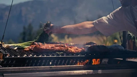 Chef Grilling Meat Seafood Vegetables Outdoor Mountains River Scenic Cinematic Stock Footage 280701729