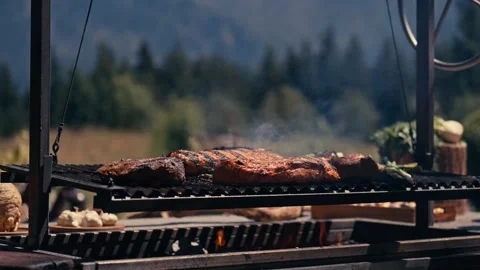 Chef Grilling Meat Seafood Vegetables Outdoor Mountains River Scenic Cinematic 库存影片 280701734