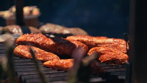 Chef Grilling Meat Seafood Vegetables Outdoor Mountains River Scenic Cinematic Video stock 280701743