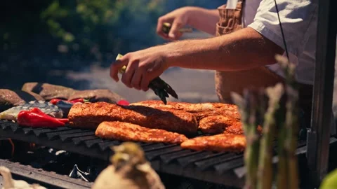 Chef Grilling Meat Seafood Vegetables Outdoor Mountains River Scenic Cinematic Stock Footage 280701745