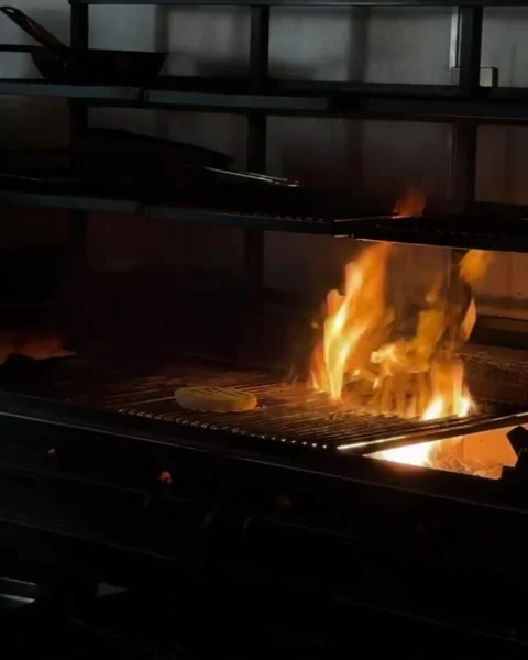 Chef Grilling Over Open Flame and Plating Dish Stock Footage 340868870