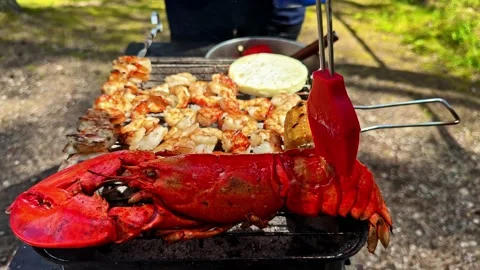 Chef grilling red lobster, shrimp skewers, and corn on the cob on a barbecue Stock Footage 341543802